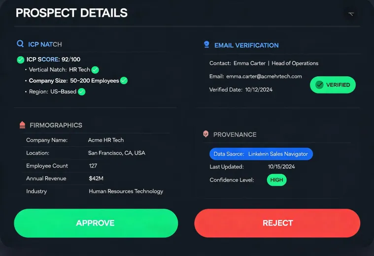 Auditable prospect result with evidence and approval states