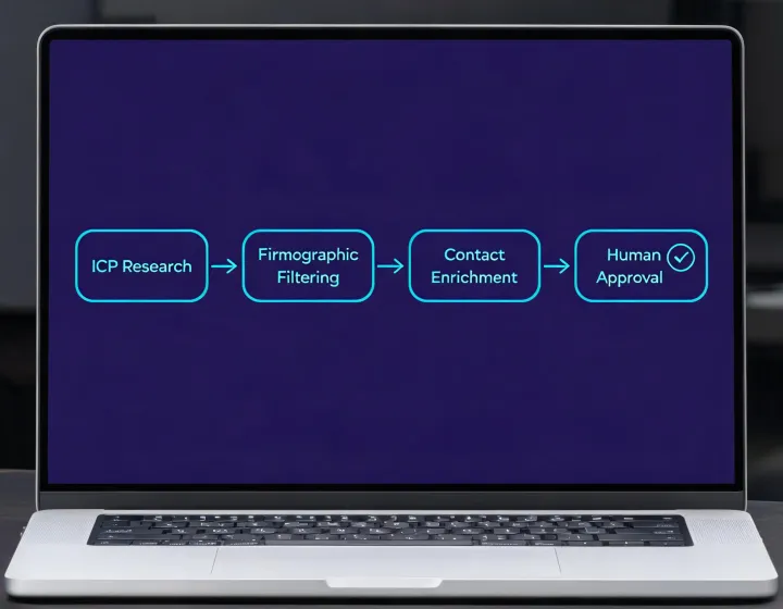 AI agent prospecting canvas connecting an ICP prompt to company research, enrichment, and human review